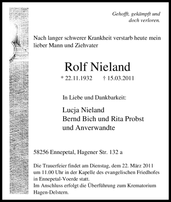 Traueranzeige von Rolf Nieland von Tageszeitung