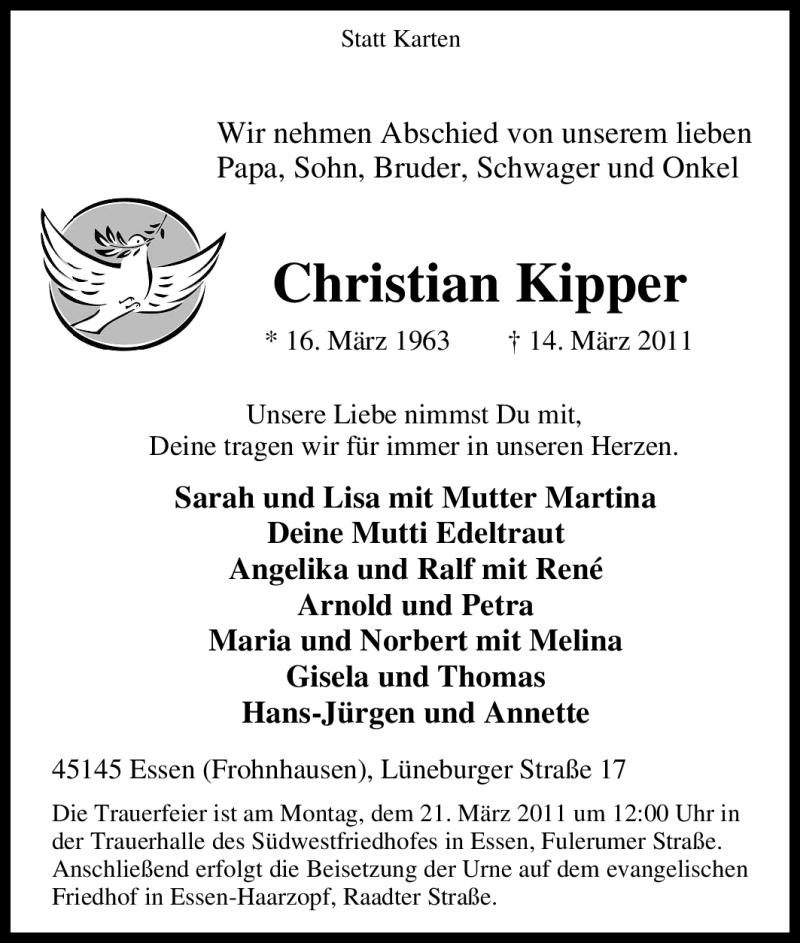  Traueranzeige für Christian Kipper vom 19.03.2011 aus Tageszeitung