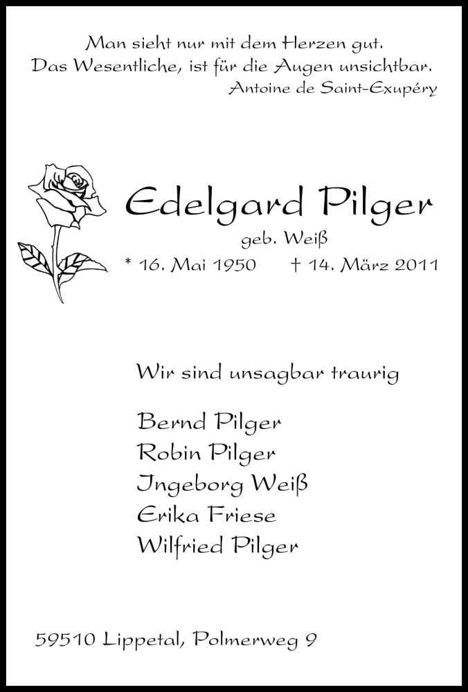  Traueranzeige für Edelgard Pilger vom 23.03.2011 aus Tageszeitung
