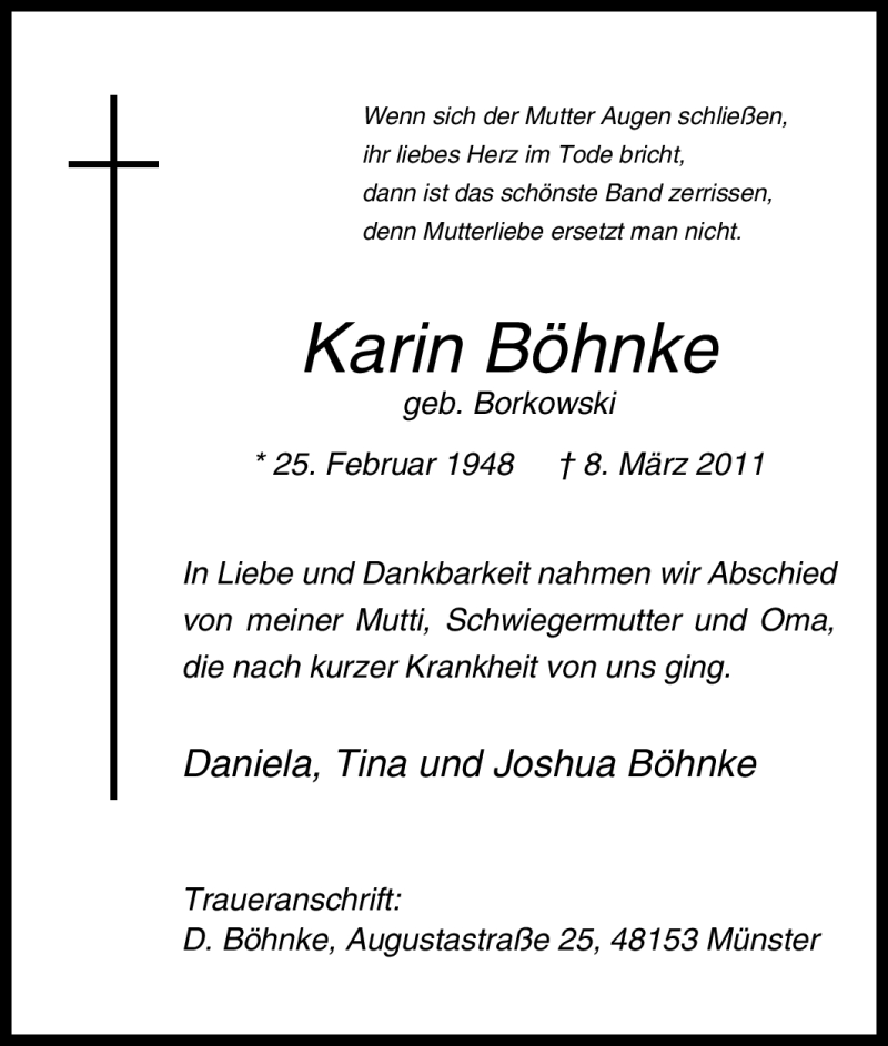  Traueranzeige für Karin Böhnke vom 26.03.2011 aus Tageszeitung