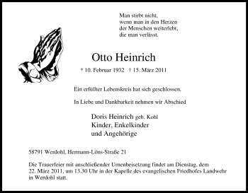 Traueranzeige von Otto Heinrich von Tageszeitung