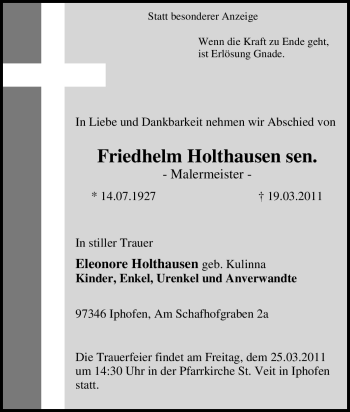 Traueranzeige von Friedhelm Holthausen sen. von Tageszeitung