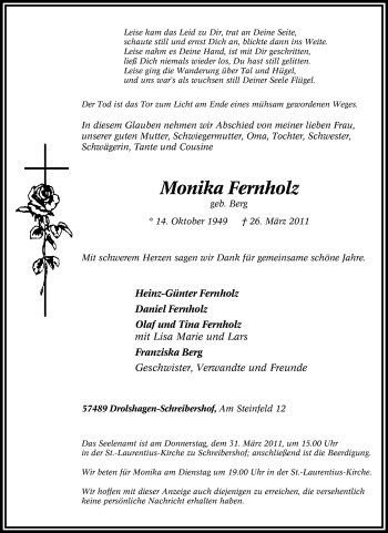 Traueranzeige von Monika Fernholz von Tageszeitung