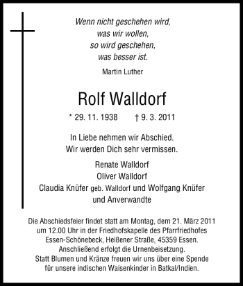 Traueranzeige von Rolf Walldorf von Tageszeitung