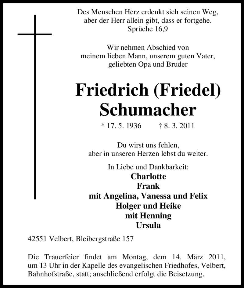  Traueranzeige für Friedrich Schumacher vom 10.03.2011 aus Tageszeitung