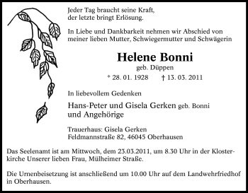 Traueranzeige von Helene Bonni von Tageszeitung