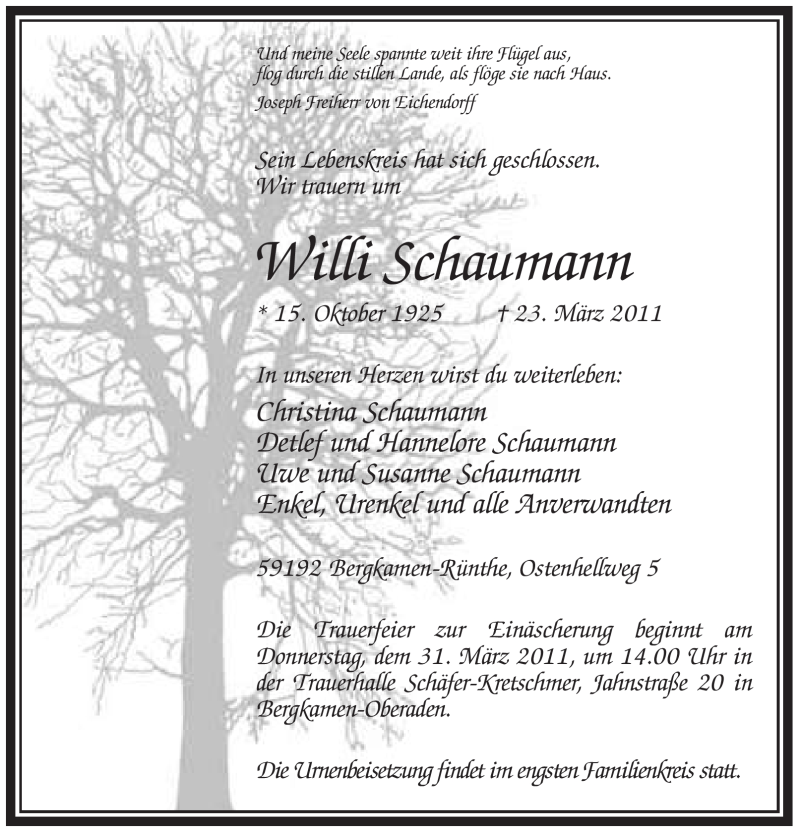  Traueranzeige für Willi Schaumann vom 24.03.2011 aus Tageszeitung