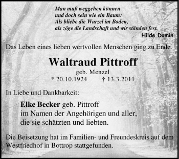 Traueranzeige von Waltraud Pittroff von Tageszeitung