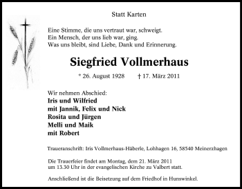 Traueranzeige von Siegfried Vollmerhaus von Tageszeitung