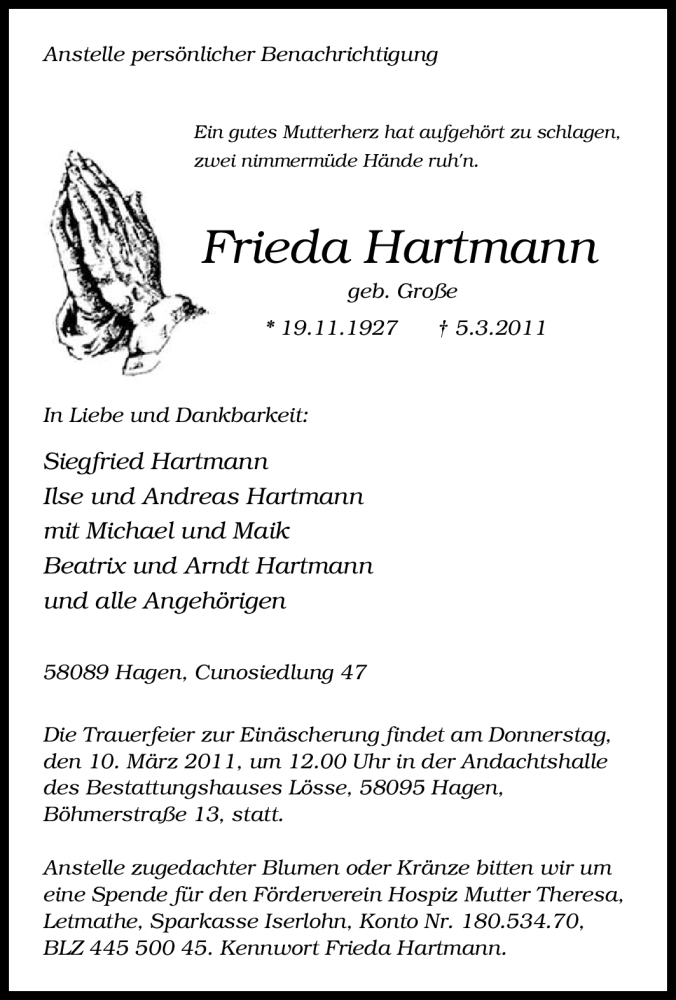  Traueranzeige für Frieda Hartmann vom 08.03.2011 aus Tageszeitung