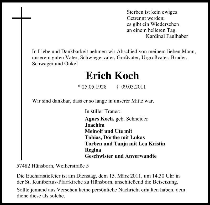  Traueranzeige für Erich Koch vom 11.03.2011 aus Tageszeitung