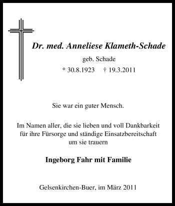 Traueranzeige von Anneliese Klameth-Schade von Tageszeitung