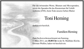Traueranzeige von Toni Heming von Tageszeitung