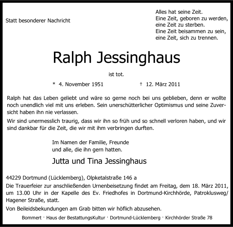  Traueranzeige für Ralph Jessinghaus vom 15.03.2011 aus Tageszeitung