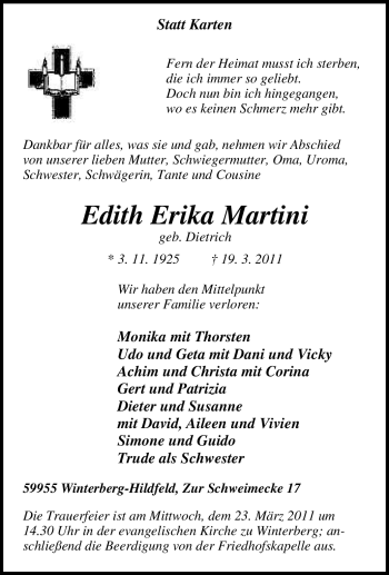 Traueranzeige von Edith Erika Martini von Tageszeitung