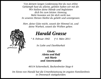 Traueranzeige von Harald Grasse von Tageszeitung