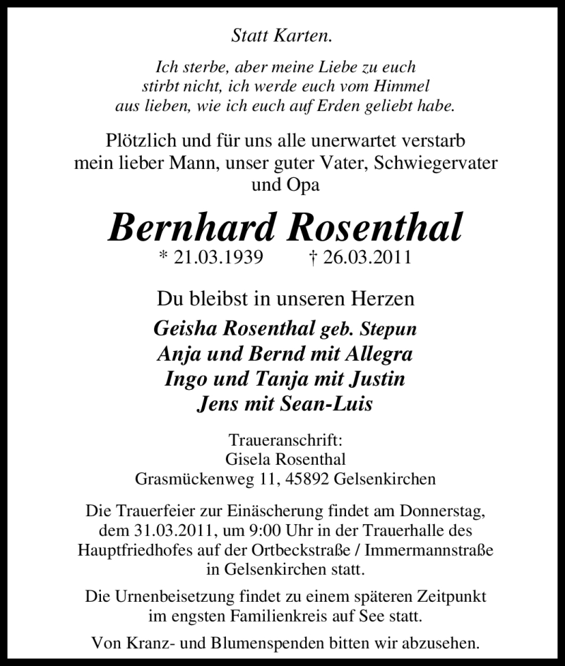  Traueranzeige für Bernhard Rosenthal vom 29.03.2011 aus Tageszeitung