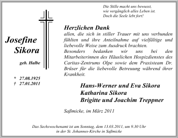 Traueranzeige von Josefine Sikora von Tageszeitung