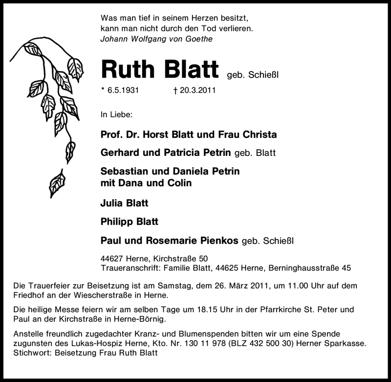  Traueranzeige für Ruth Blatt vom 23.03.2011 aus Tageszeitung