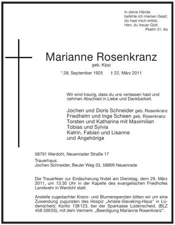 Traueranzeige von Marianne Rosenkranz von Tageszeitung