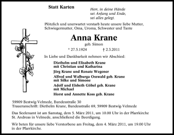 Traueranzeige von Anna Krane von Tageszeitung