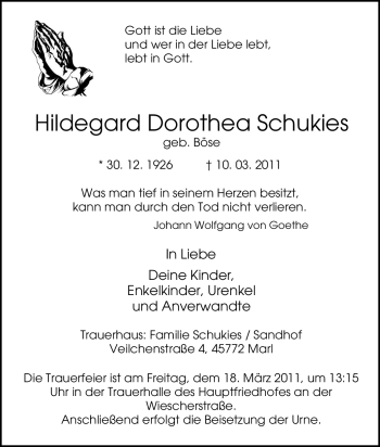 Traueranzeige von Hildegard Dorothea Schukies von Tageszeitung