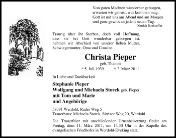 Traueranzeige von Christa Pieper von Tageszeitung