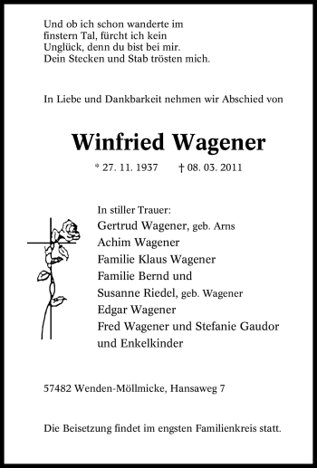 Traueranzeige von Winfried Wagener von Tageszeitung