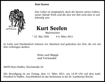 Traueranzeige von Kurt Seelen von Tageszeitung