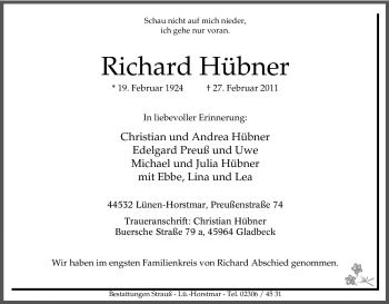 Traueranzeige von Richard Hübner von Tageszeitung