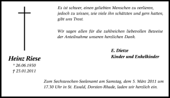 Traueranzeige von Heinz Riese von Tageszeitung