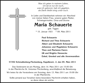 Traueranzeige von Maria Schauerte von Tageszeitung
