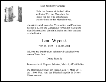 Traueranzeige von Leni Wycisk von Tageszeitung