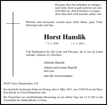 Traueranzeige von Horst Hanslik von Tageszeitung