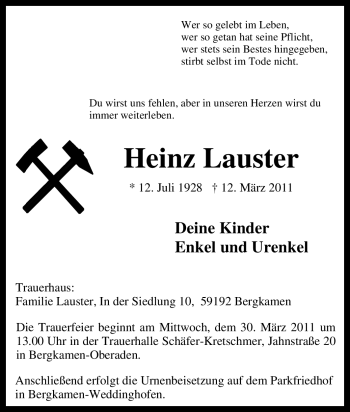 Traueranzeige von Heinz Lauster von Tageszeitung