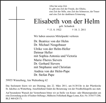 Traueranzeige von Elisabeth von der Helm von Tageszeitung