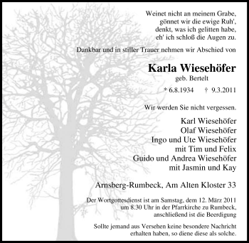 Traueranzeige von Karla Wiesehöfer von Tageszeitung