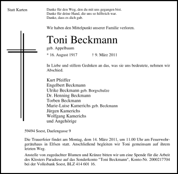 Traueranzeige von Toni Beckmann von Tageszeitung