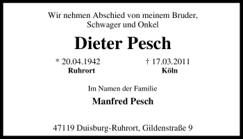 Traueranzeige von Dieter Pesch von Tageszeitung