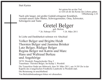 Traueranzeige von Gretel Belger von Tageszeitung
