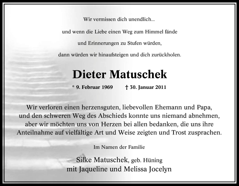  Traueranzeige für Dieter Matuschek vom 12.03.2011 aus Tageszeitung