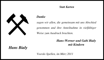 Traueranzeige von Hans Bialy von Tageszeitung