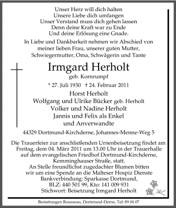 Traueranzeige von Irmgard Herholt von Tageszeitung
