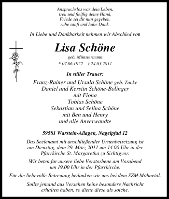 Traueranzeige von Lisa Schöne von Tageszeitung