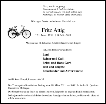Traueranzeige von Fritz Attig von Tageszeitung