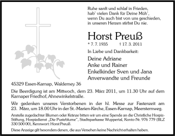 Traueranzeige von Horst Preuß von Tageszeitung
