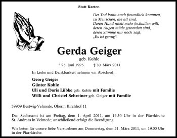 Traueranzeige von Gerda Geiger von Tageszeitung