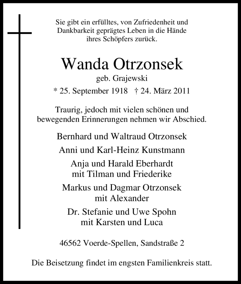  Traueranzeige für Wanda Otrzonsek vom 28.03.2011 aus Tageszeitung