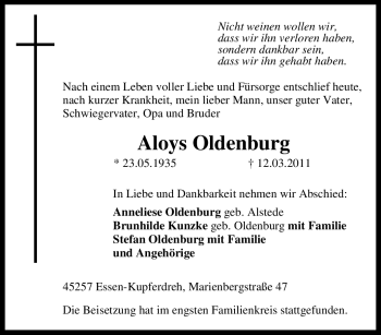 Traueranzeige von Aloys Oldenburg von Tageszeitung