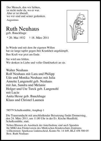 Traueranzeige von Ruth Neuhaus von Tageszeitung